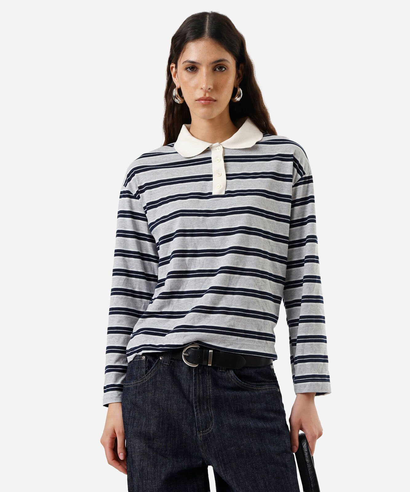 polo oversized feminina com algodão manga longa listrada cinza