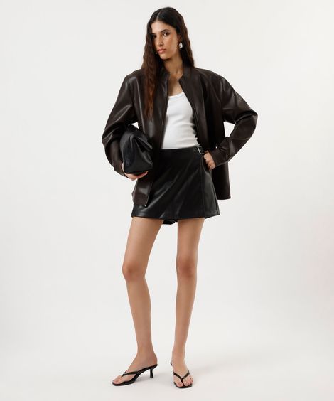 short saia feminino de poliuretano preto