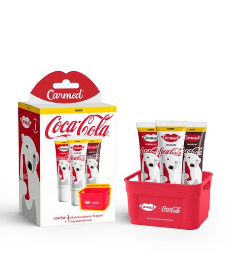 kit carmed coca cola com 3 hidratantes labiais 10g e brinde