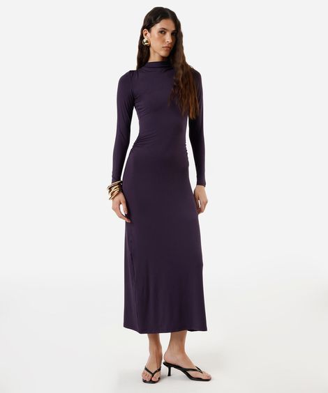 vestido longo feminino manga longa franzido roxo