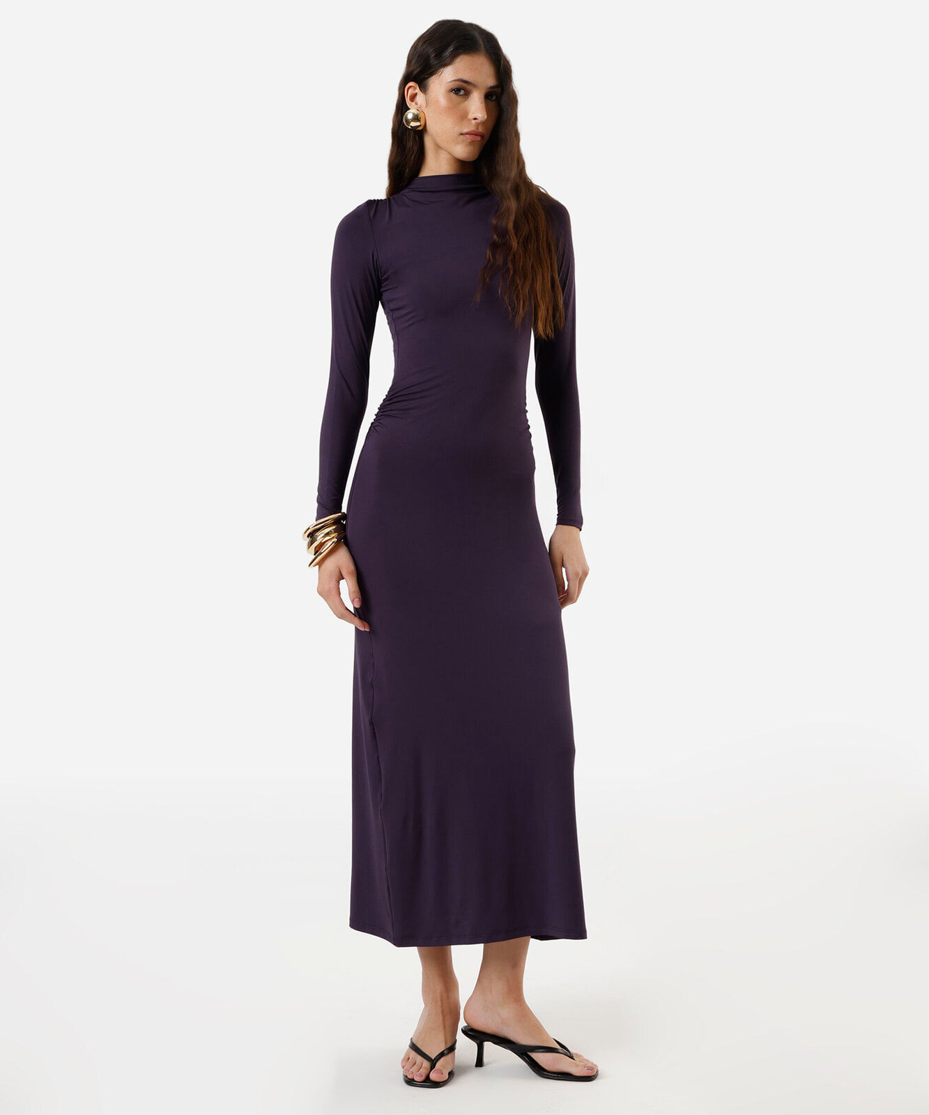 vestido longo feminino manga longa franzido roxo