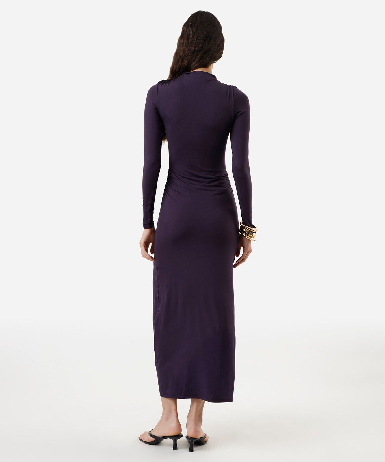 vestido longo feminino manga longa franzido roxo