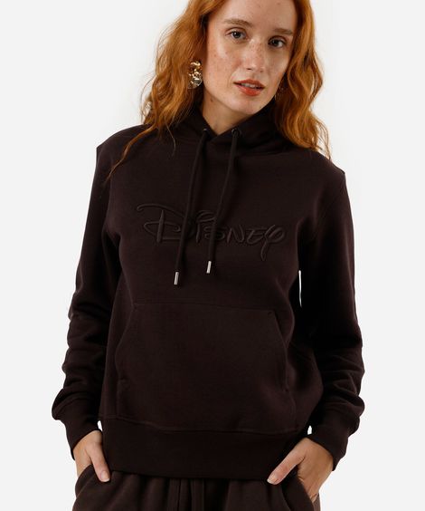 blusão feminino de moletom felpado com capuz disney marrom