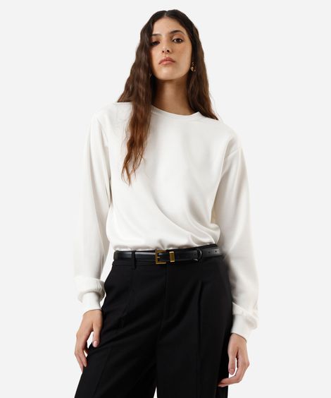 blusão básico alongado feminino de moletom com recorte off white