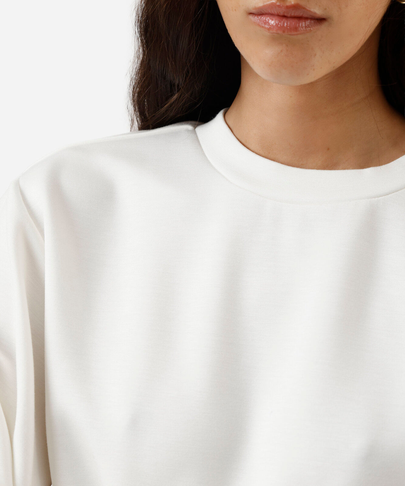blusão básico alongado feminino de moletom com recorte off white
