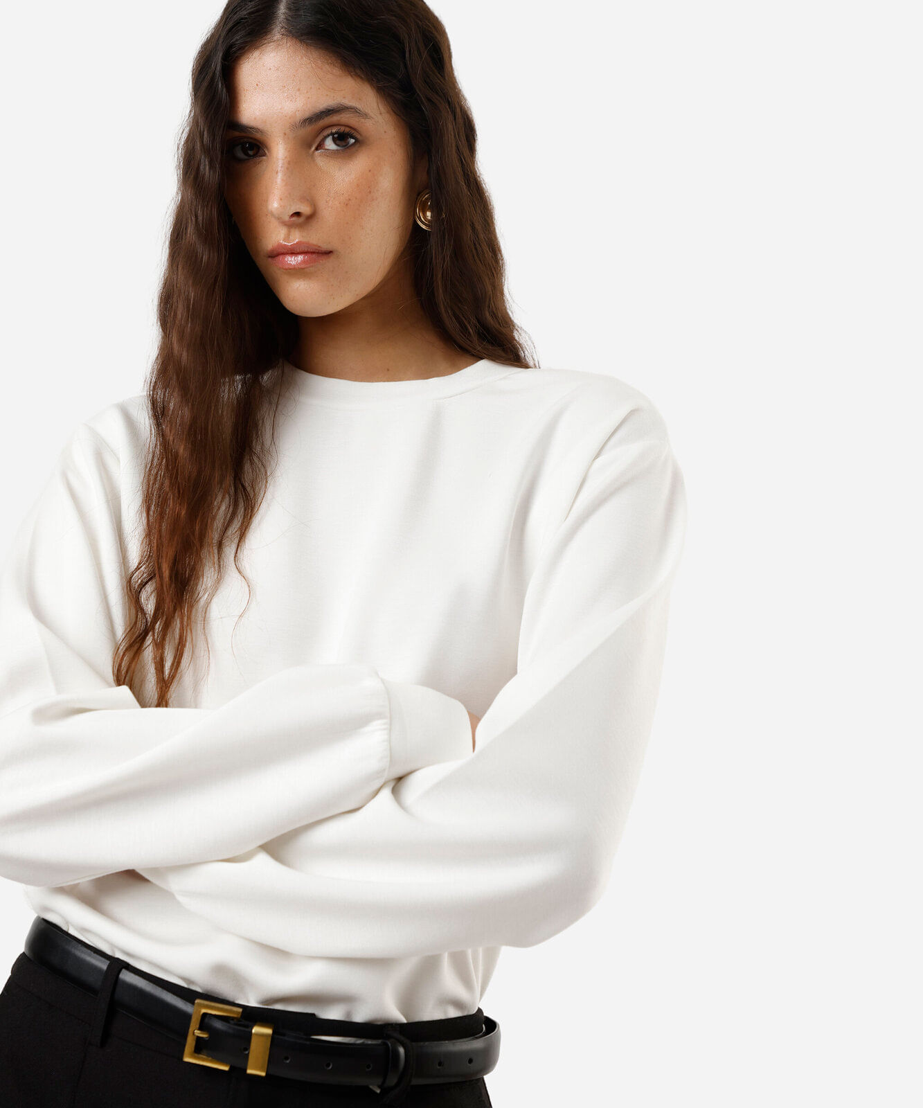 blusão básico alongado feminino de moletom com recorte off white