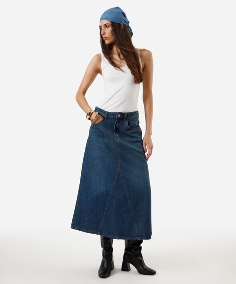 saia midi evasê feminina jeans com recorte azul