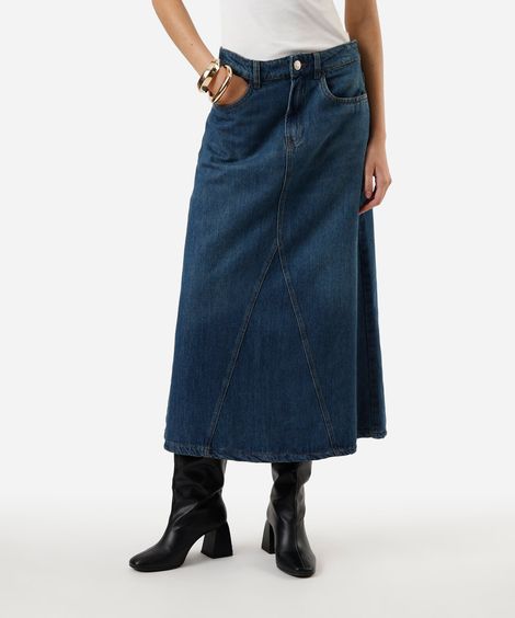 saia midi evasê feminina jeans com recorte azul