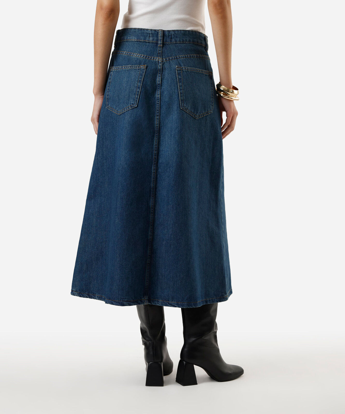 saia midi evasê feminina jeans com recorte azul