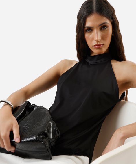 blusa feminina halterneck com renda assimétrica preta