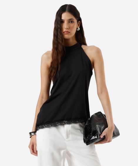 blusa feminina halterneck com renda assimétrica preta