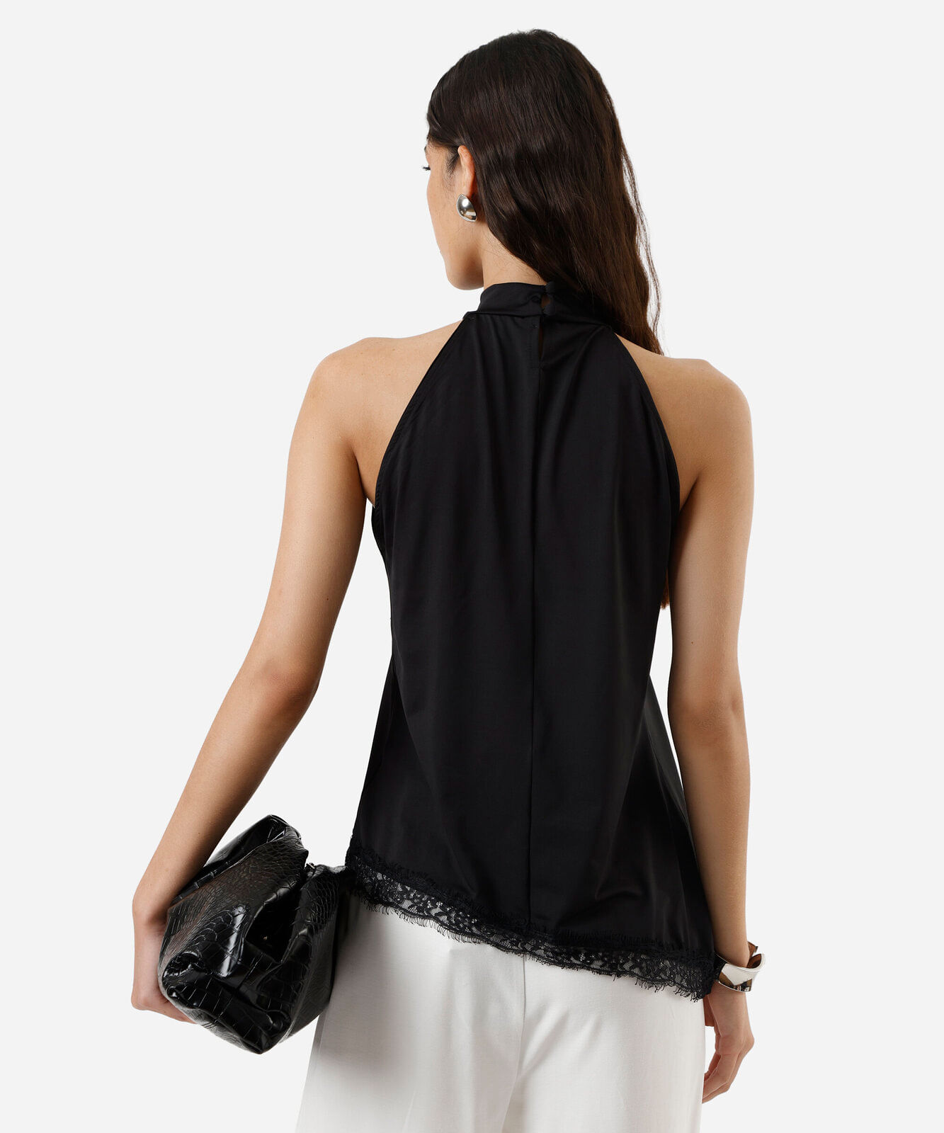 blusa feminina halterneck com renda assimétrica preta