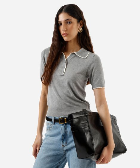 polo feminina de tricot manga curta cinza