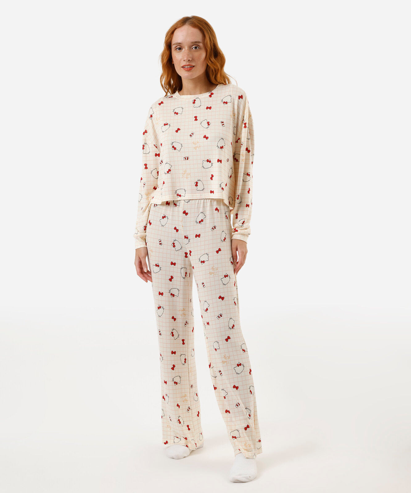 pijama feminino longo hello kitty bege