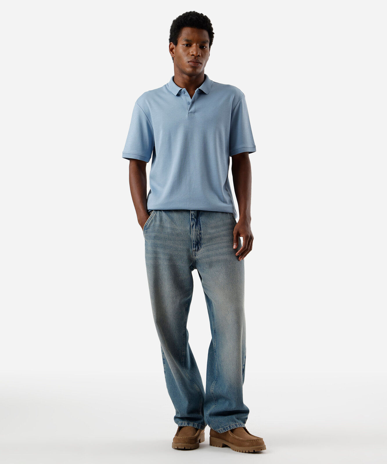 polo masculina de algodão peruano manga curta azul