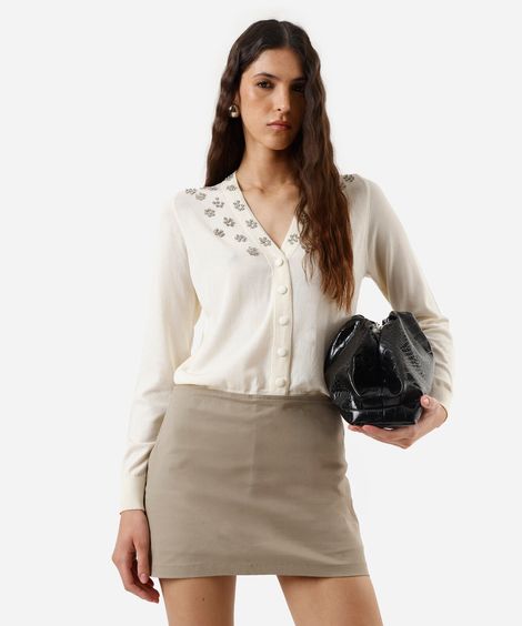 cardigan feminino de tricot com brilhos bege