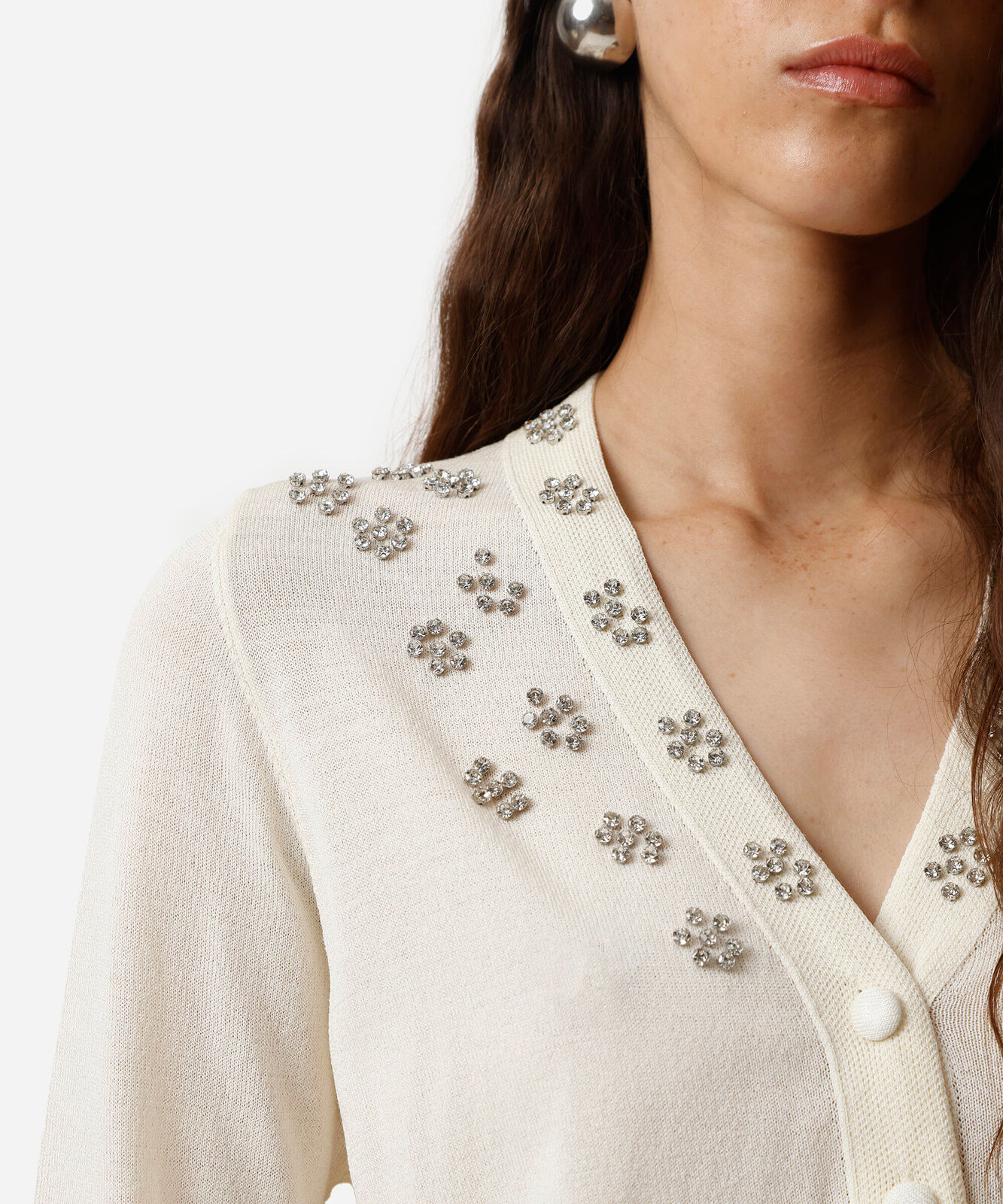 cardigan feminino de tricot com brilhos bege