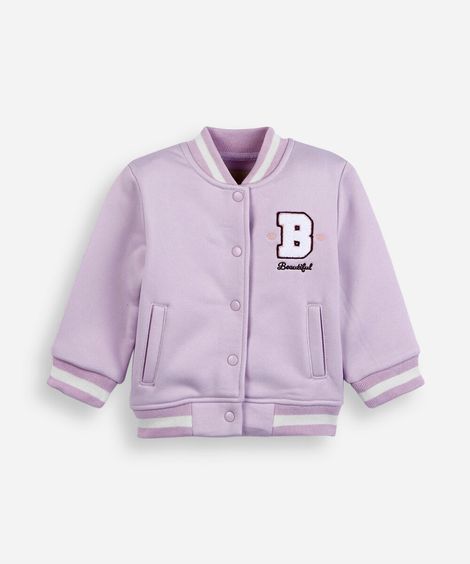 jaqueta bomber college infantil de moletom com bordado rosa