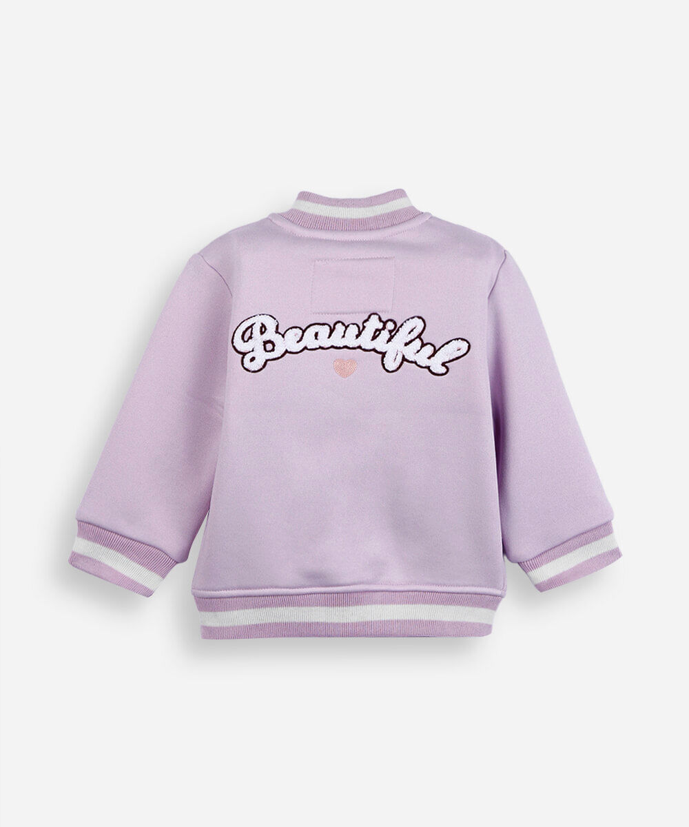 jaqueta bomber college infantil de moletom com bordado rosa