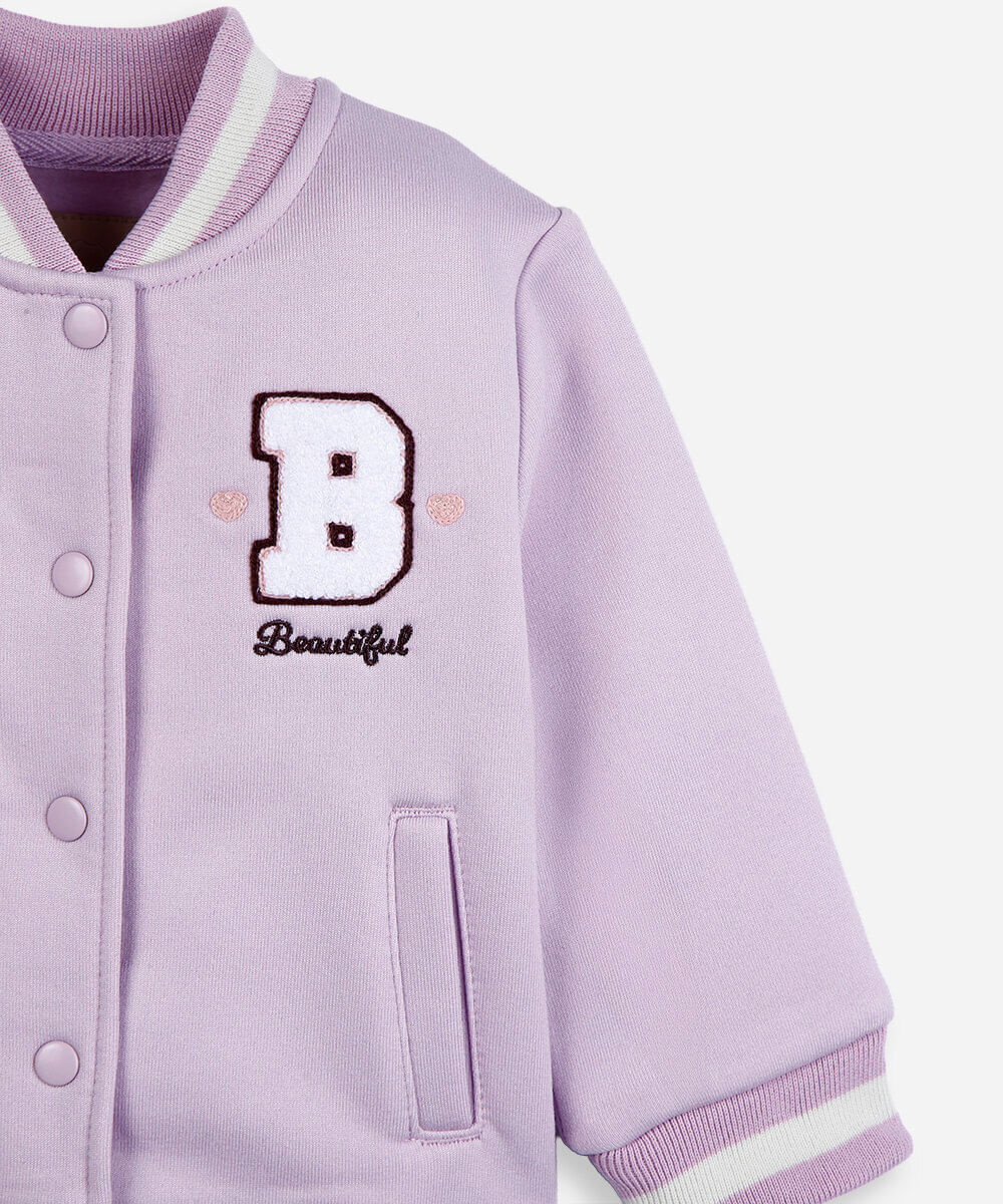 jaqueta bomber college infantil de moletom com bordado rosa