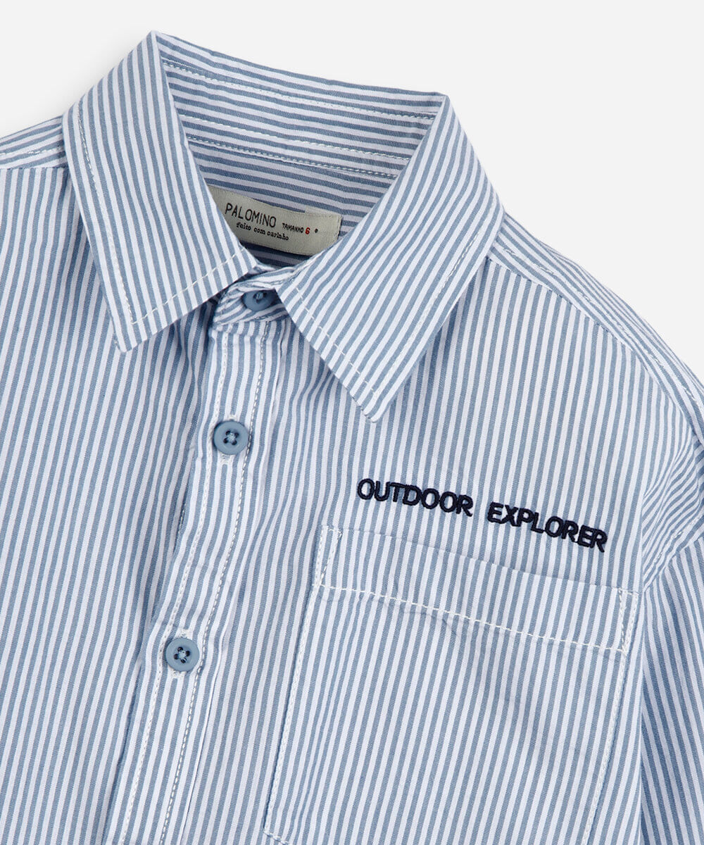 camisa infantil de algodão com bordado manga longa listrada azul