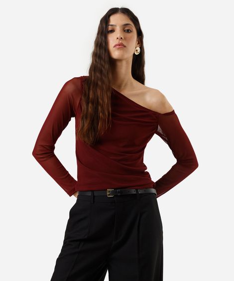 blusa feminina de tule manga longa assimétrica vinho