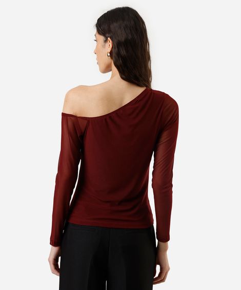 blusa feminina de tule manga longa assimétrica vinho