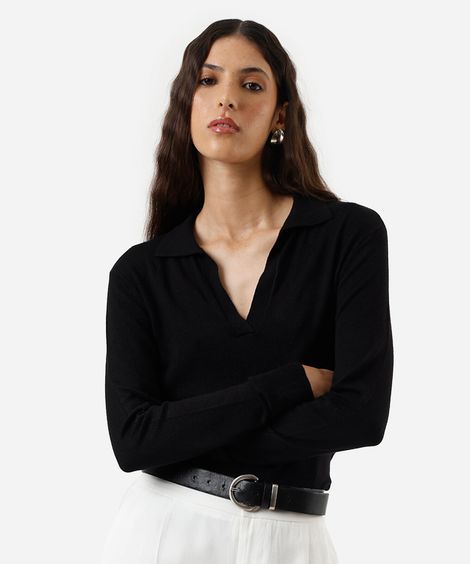 polo básica feminina de tricot manga longa preta