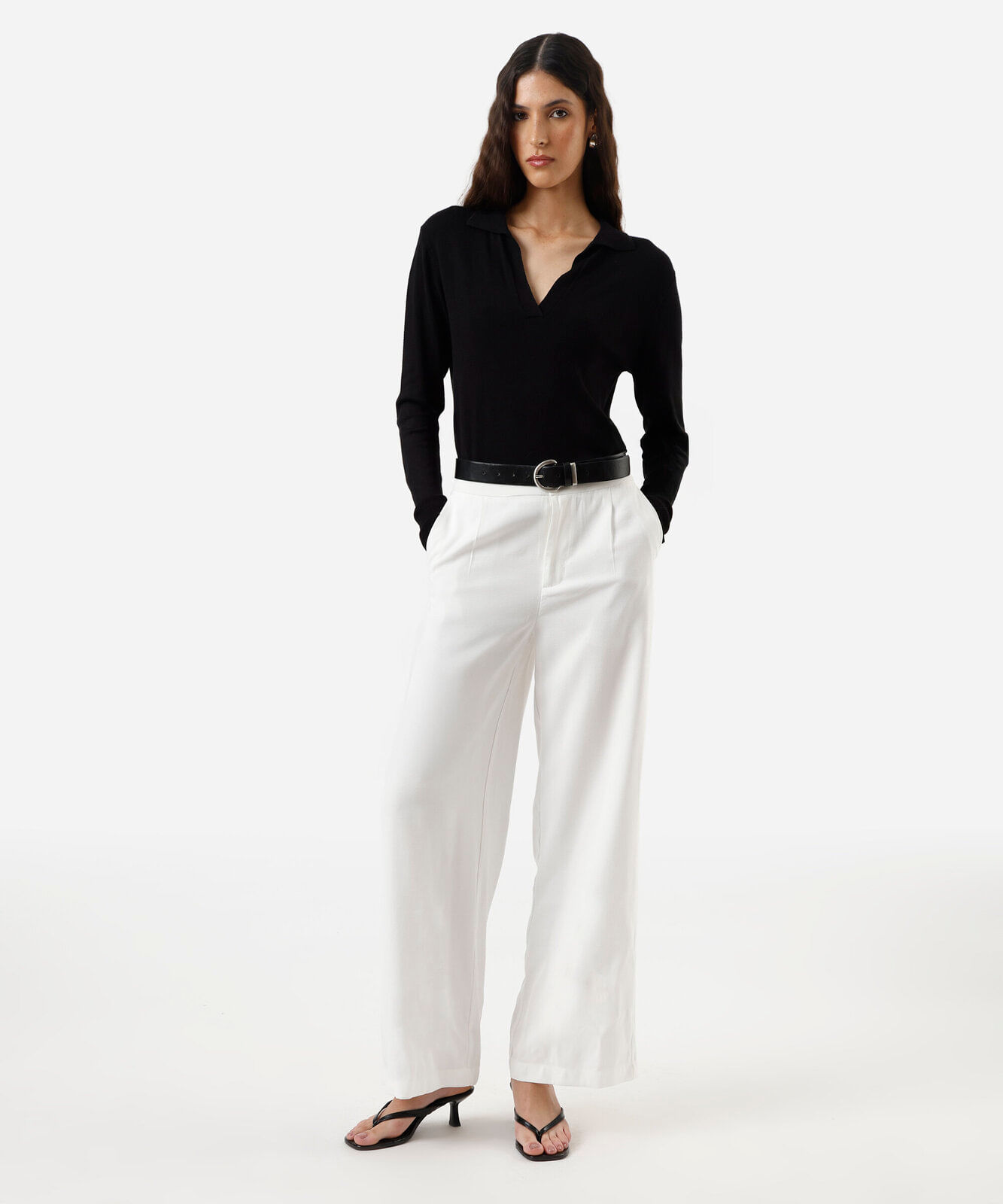 polo básica feminina de tricot manga longa preta