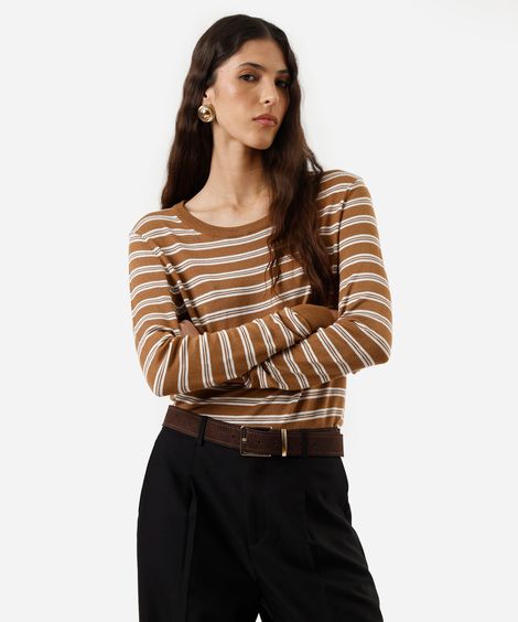 suéter básico feminino de tricot listrado marrom