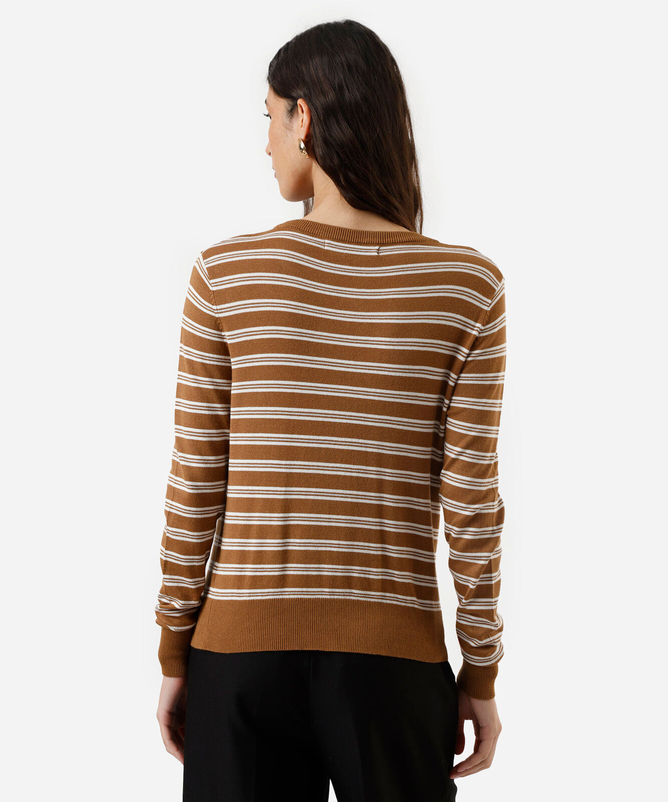 suéter básico feminino de tricot listrado marrom