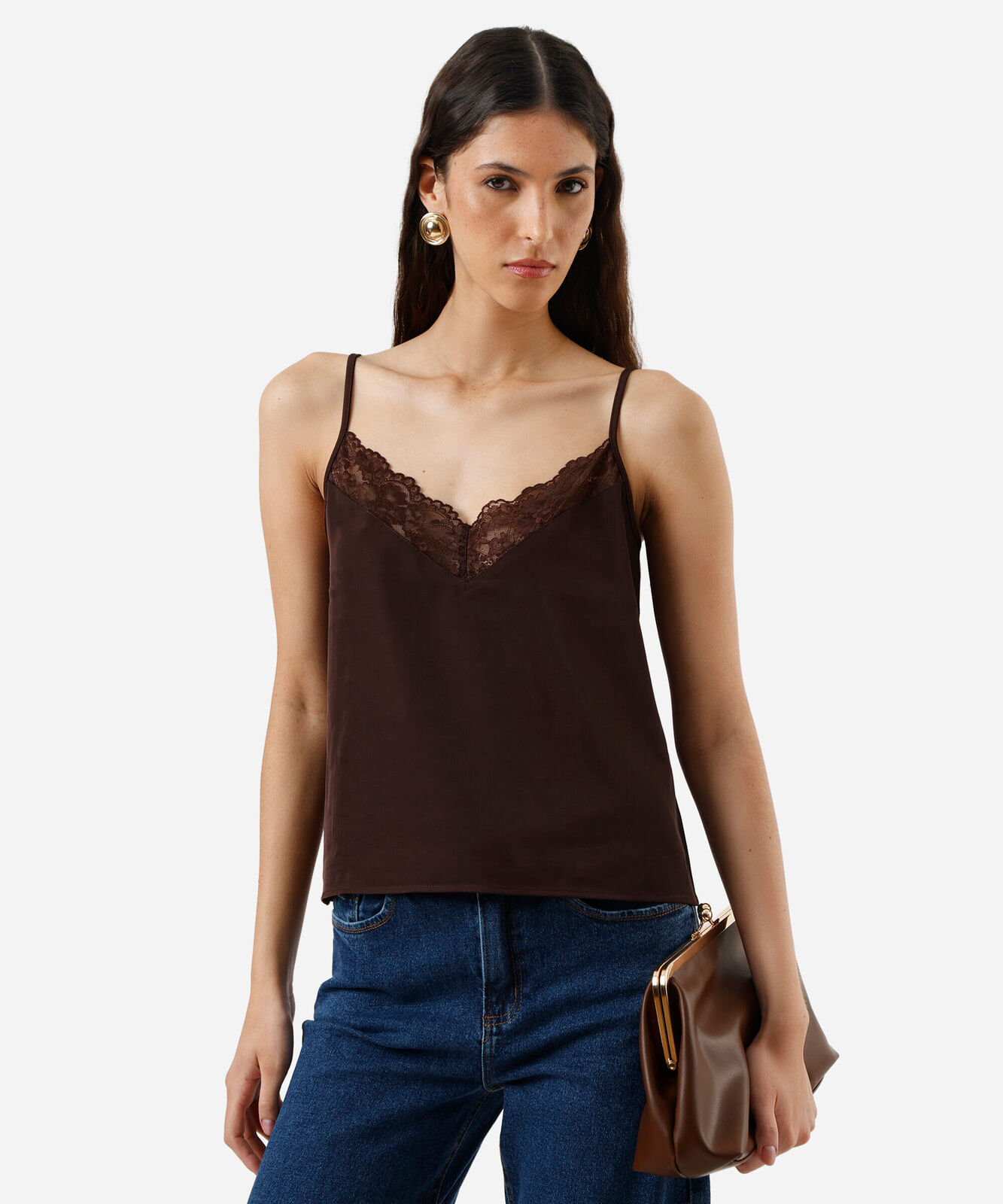 regata alça fina feminina com renda acetinada marrom