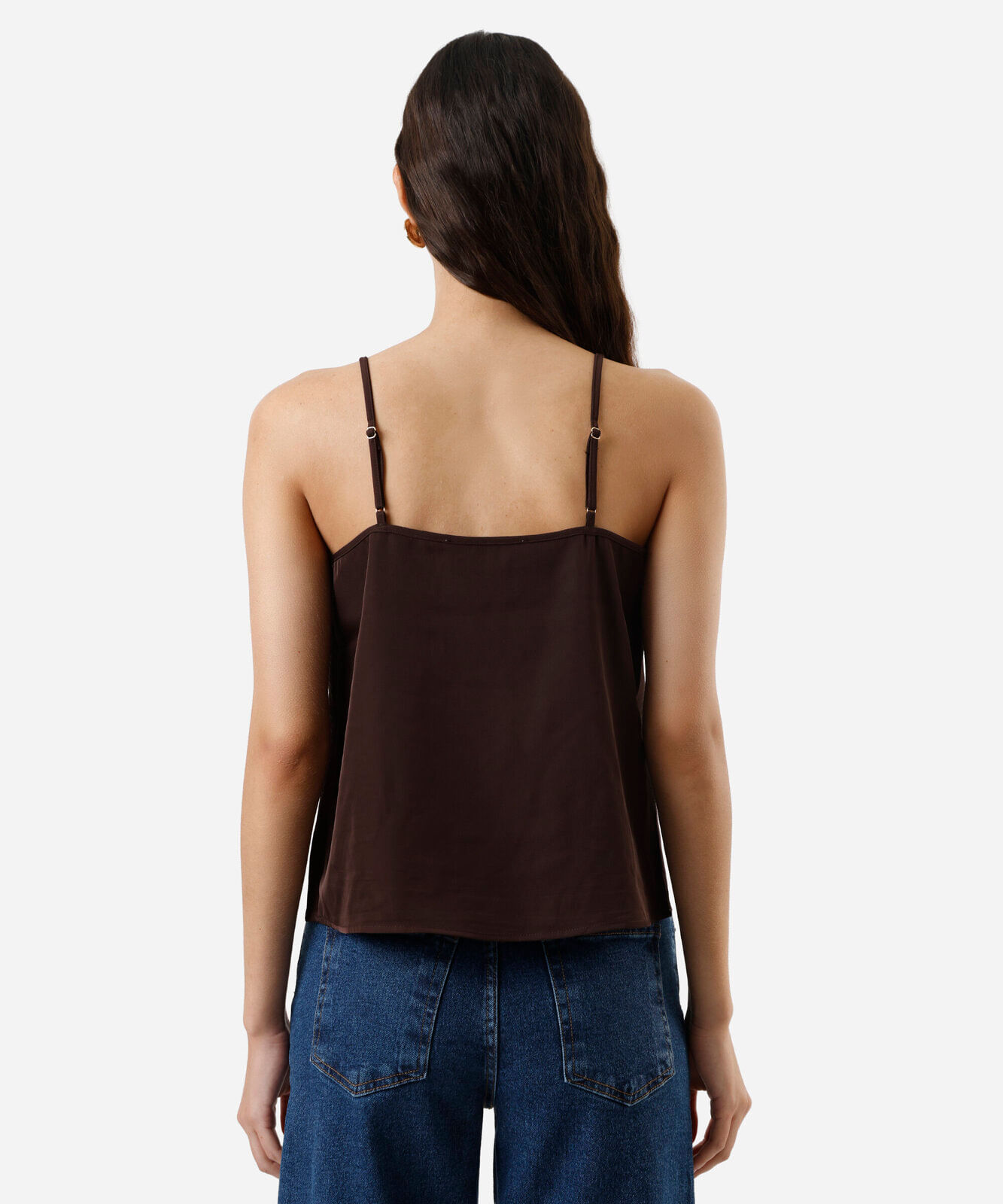 regata alça fina feminina com renda acetinada marrom