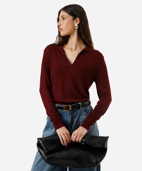 polo básica feminina de tricot manga longa vinho