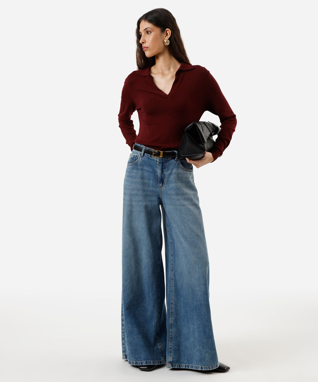 polo básica feminina de tricot manga longa vinho