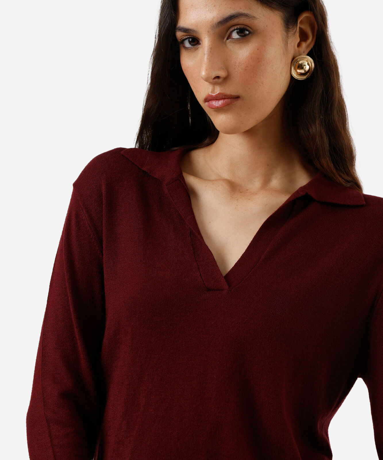 polo básica feminina de tricot manga longa vinho