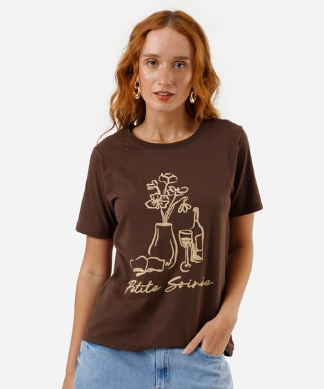 camiseta feminina  local petite marrom