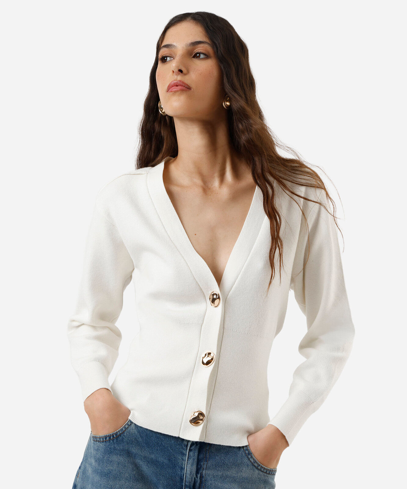 cardigan feminino de tricot acinturado off white