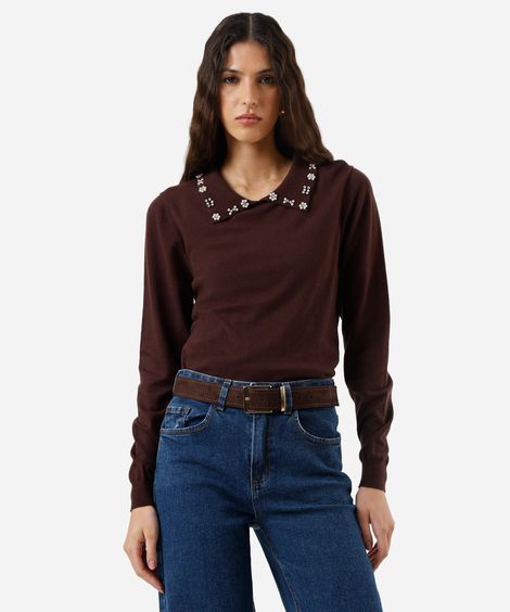 polo feminina de tricot com pérolas e brilhos manga longa marrom