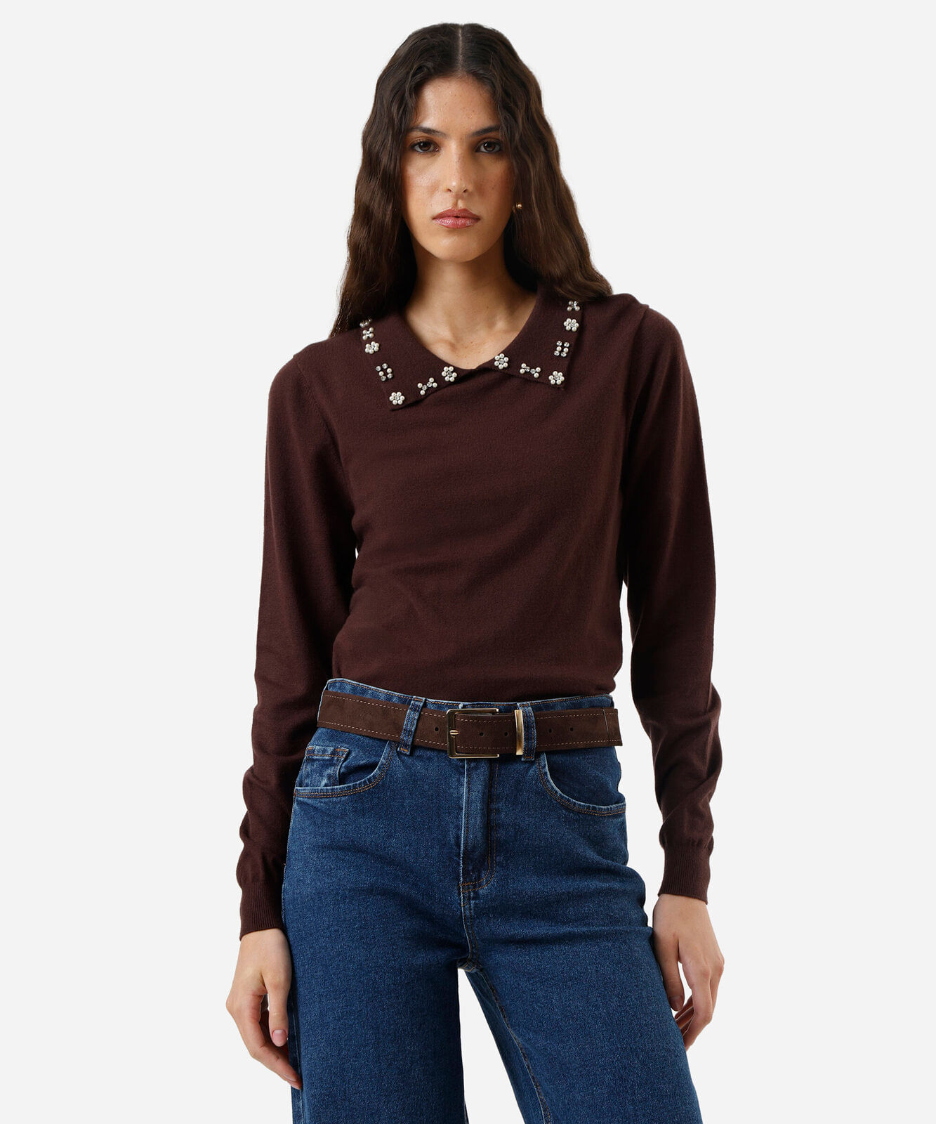 polo feminina de tricot com pérolas e brilhos manga longa marrom