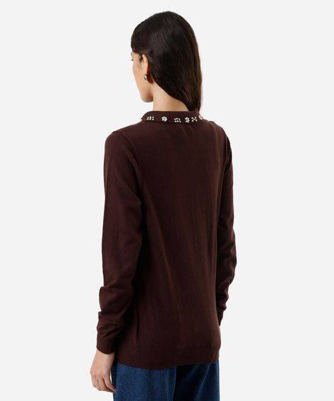 polo feminina de tricot com pérolas e brilhos manga longa marrom