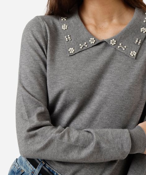 polo feminina de tricot com pérolas e brilhos manga longa cinza