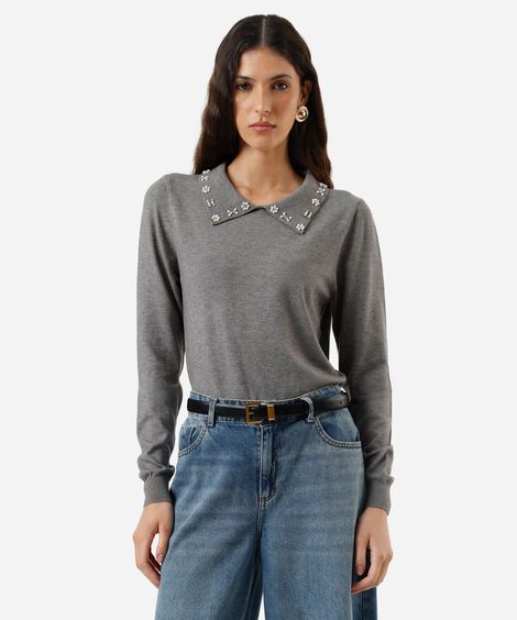 polo feminina de tricot com pérolas e brilhos manga longa cinza