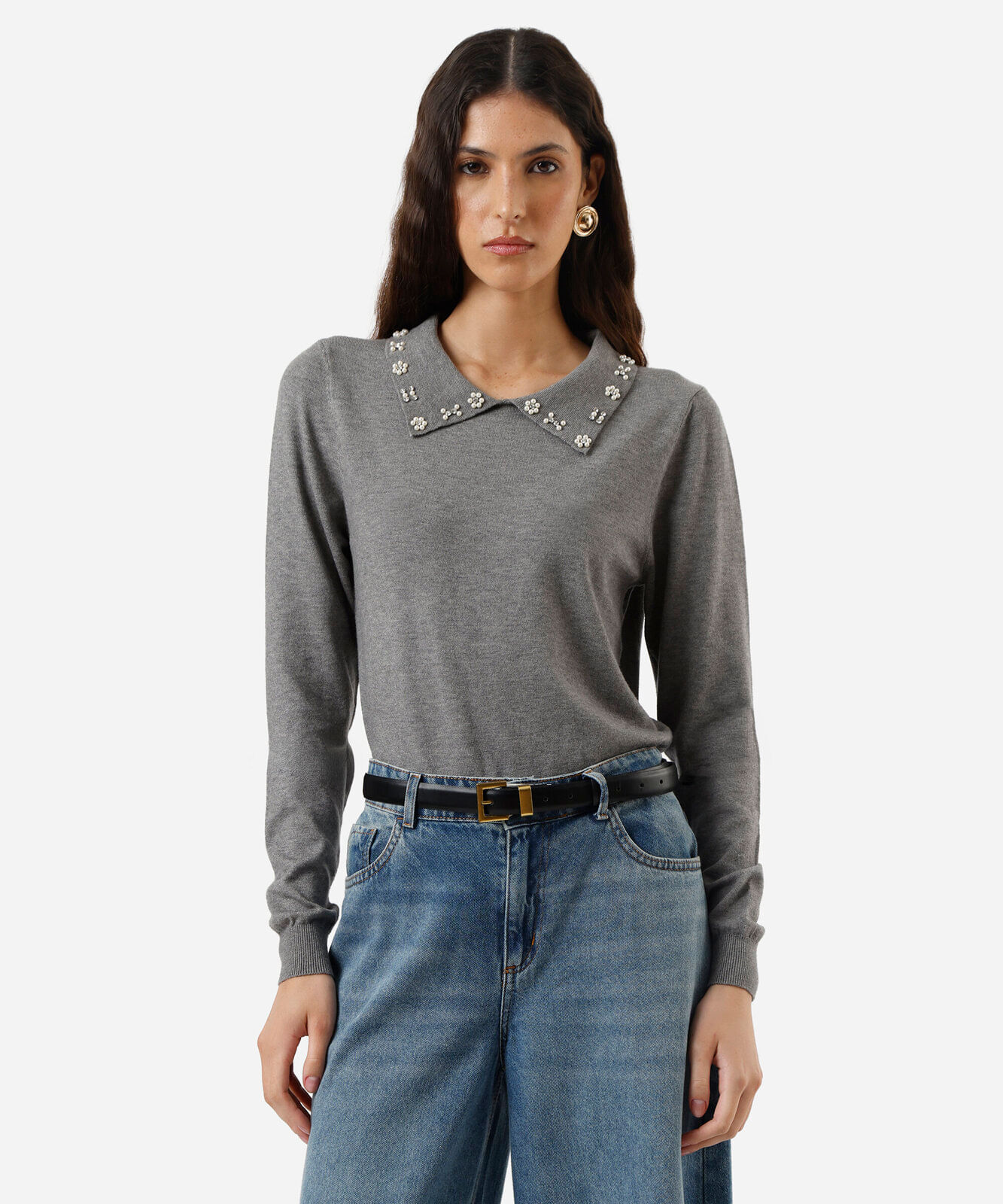 polo feminina de tricot com pérolas e brilhos manga longa cinza