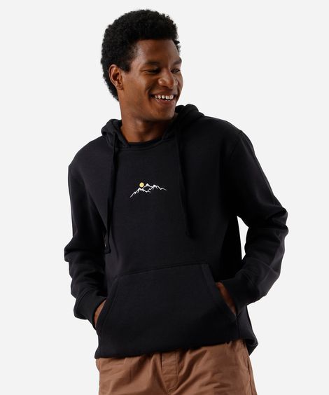 blusão masculino de moletom com capuz e bordado preto