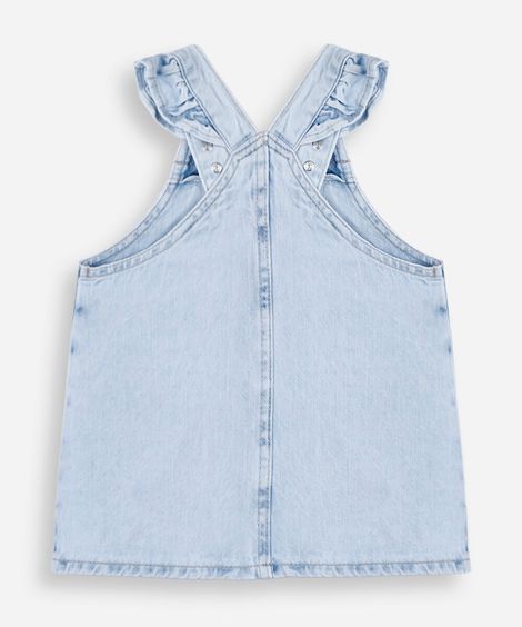 salopete infantil jeans com bordado floral e babados azul