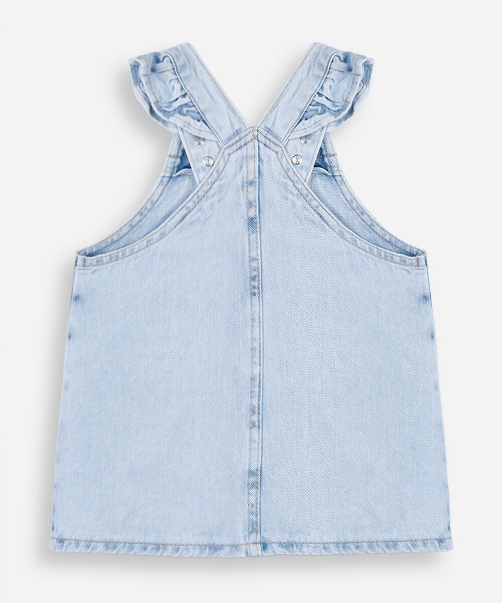 salopete infantil jeans com bordado floral e babados azul