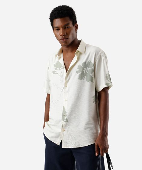 camisa masculina com viscose floral off white