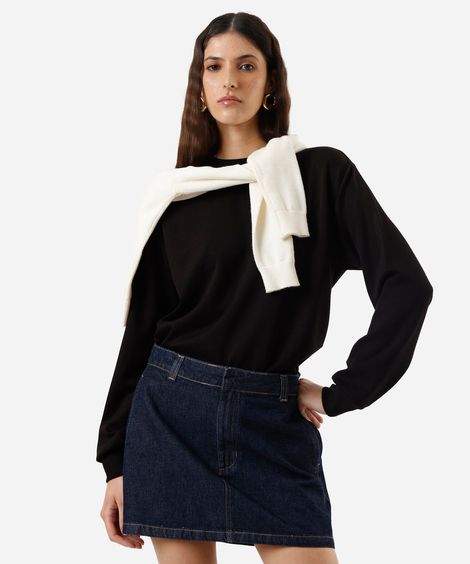 blusão básico alongado feminino de moletom com recorte preto