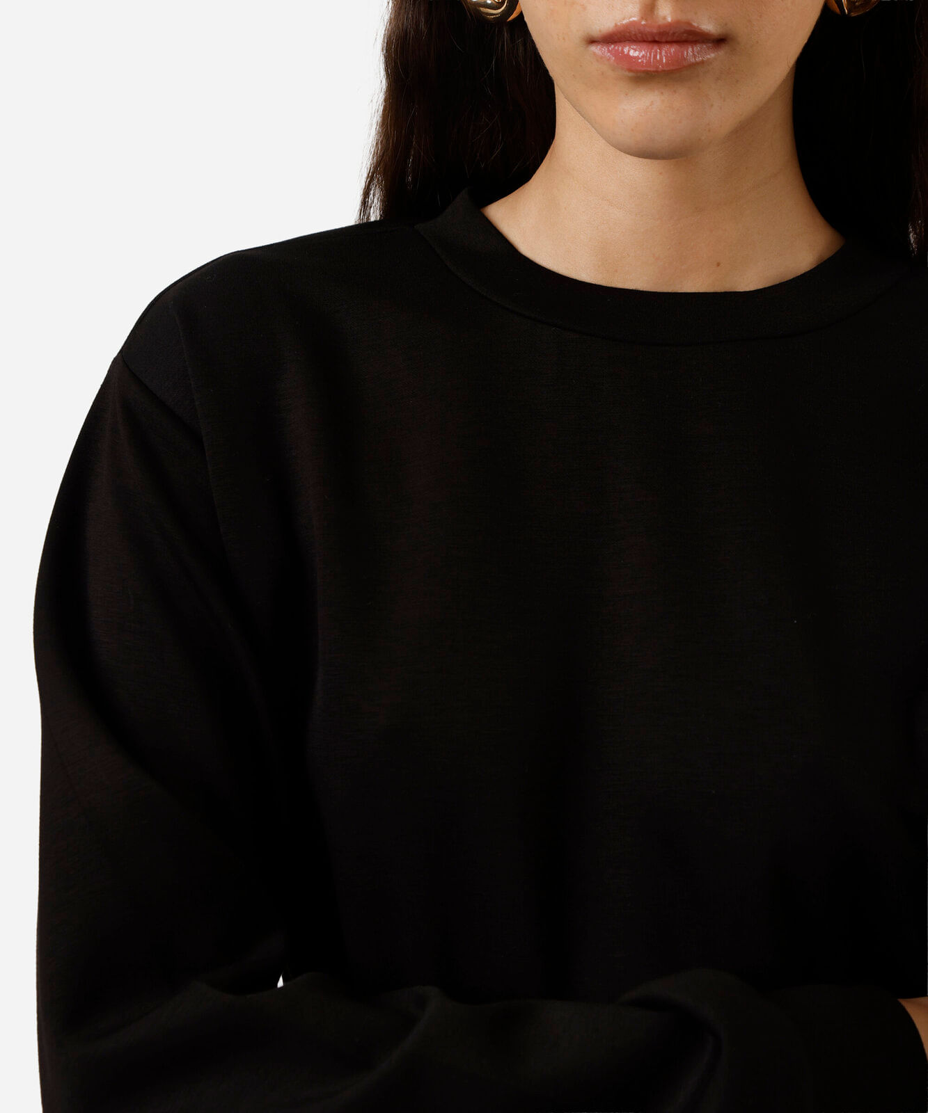 blusão básico alongado feminino de moletom com recorte preto